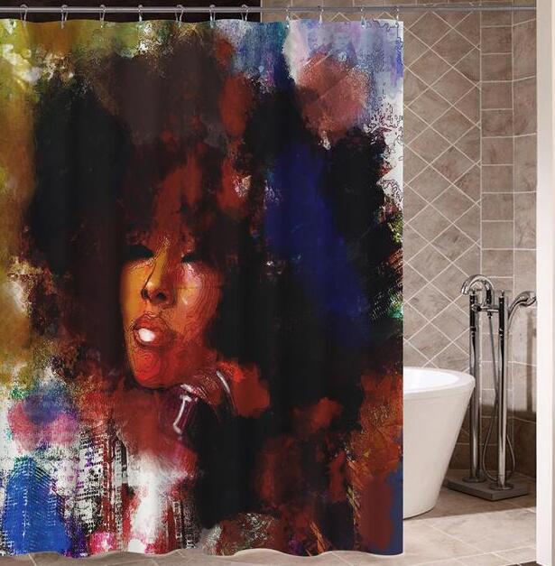 Art Design Graffiti Art Hip Hop Fille Africaine avec Noir Cheveux Grande Boucle D'oreille avec Bâtiment Moderne Rideau De Douche pour Salle De Bains décor - Ivory Deals Market