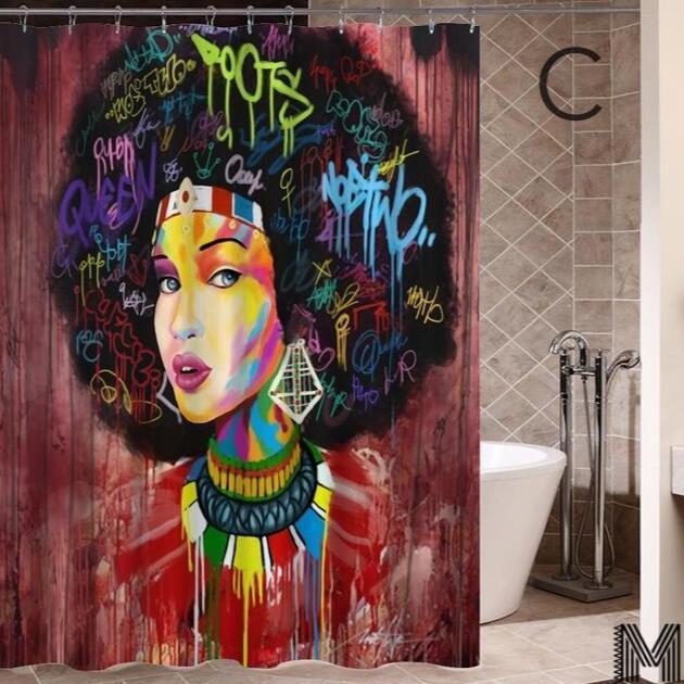 Art Design Graffiti Art Hip Hop Fille Africaine avec Noir Cheveux Grande Boucle D'oreille avec Bâtiment Moderne Rideau De Douche pour Salle De Bains décor - Ivory Deals Market