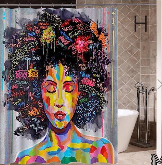 Art Design Graffiti Art Hip Hop Fille Africaine avec Noir Cheveux Grande Boucle D'oreille avec Bâtiment Moderne Rideau De Douche pour Salle De Bains décor - Ivory Deals Market