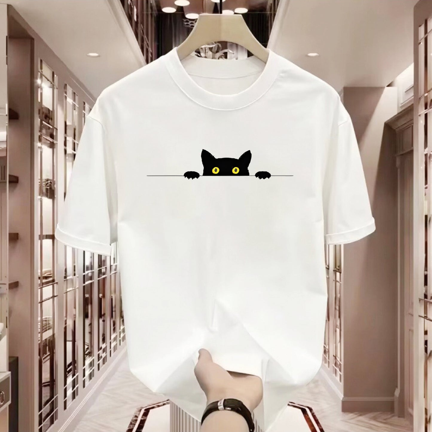 T-shirt à col rond imprimée chatte mignonne à manches courtes