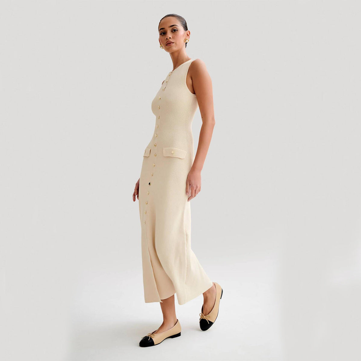 Robe élégante tricotée sans manches avec un seul sein mode slim col rond robes longues vêtements pour femmes - Ivory Deals Market