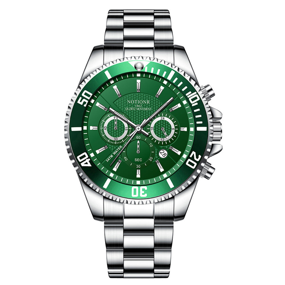 Montre de luxe en acier inoxydable vert pour hommes, étanche et lumineuse.