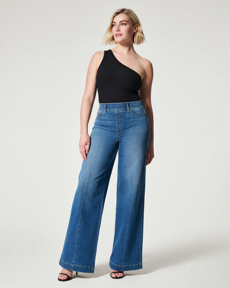 Pantalon en jeans taille haute décontracté, pantalon droit à jambes larges pour femmes - Ivory Deals Market