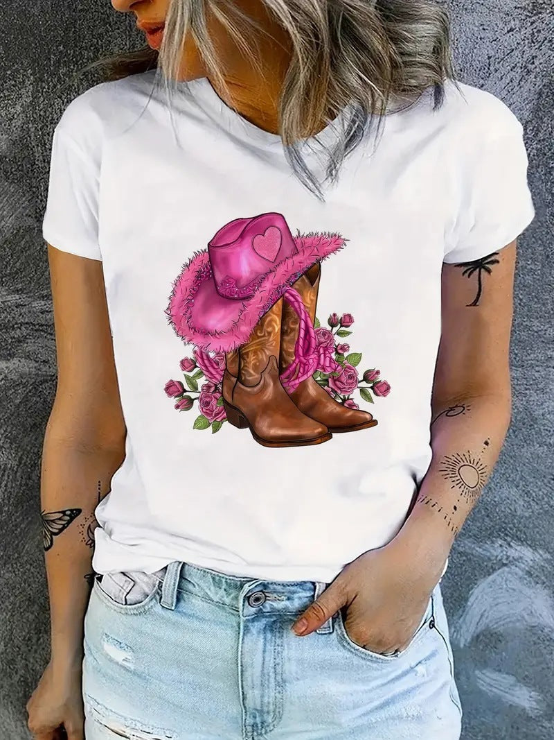 T-shirts à imprimé floral pour les cowgirls, été pour femmes