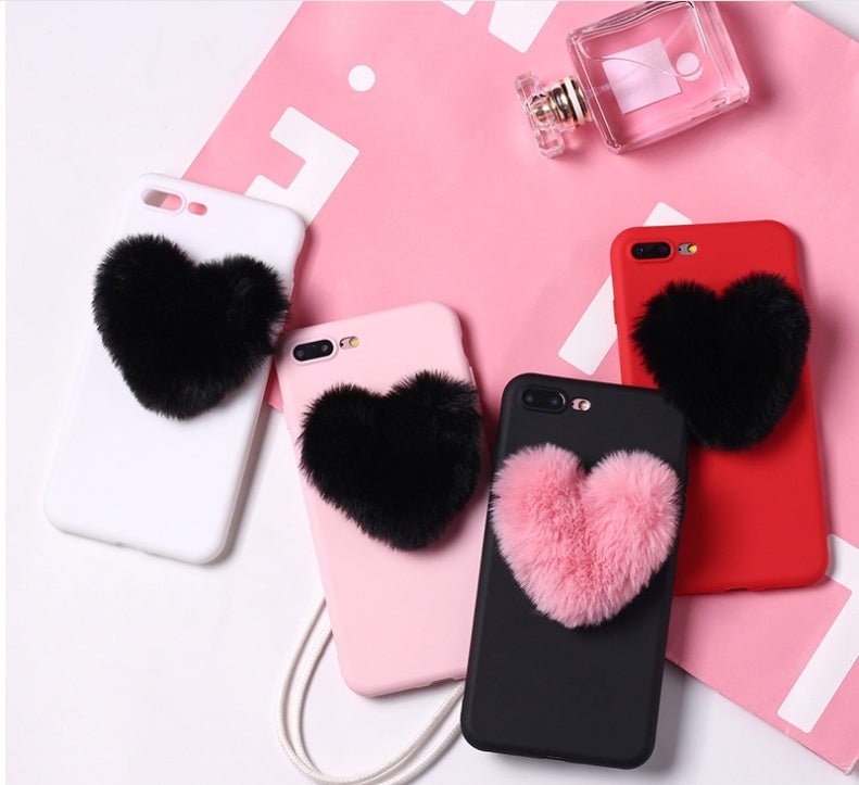 Belle 3D Furry Coeurs D'amour Mignon Cheveux Téléphone Cas - Ivory Deals Market