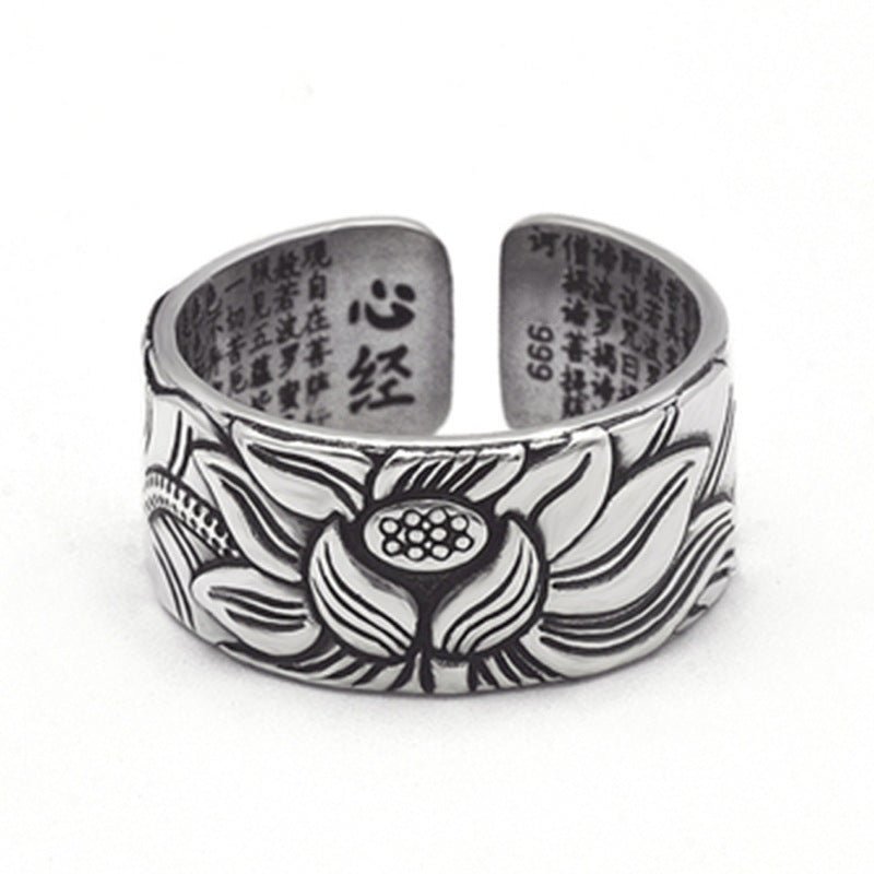 Bijoux bouddhistes comme des pièces anciennes en argent véritable plaqué, bague du Sutra du Cœur de la Prajna Paramita et du Lotus. - Ivory Deals Market