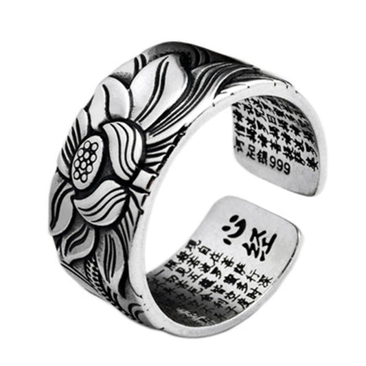 Bijoux bouddhistes comme des pièces anciennes en argent véritable plaqué, bague du Sutra du Cœur de la Prajna Paramita et du Lotus. - Ivory Deals Market