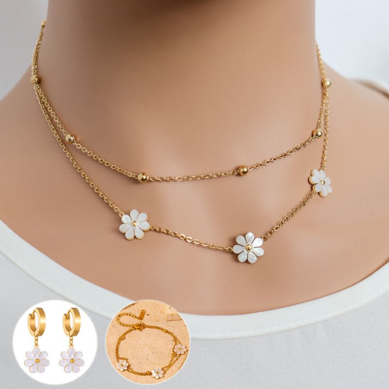 Bijoux de mode en acier inoxydable fleur DaisyFlower collier double couche collier boucles d'oreilles ensemble Jeweley - Ivory Deals Market