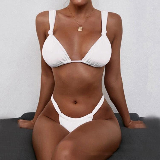 Bikini plissé sangle fendue couleur pure et maillot de bain noué - Ivory Deals Market