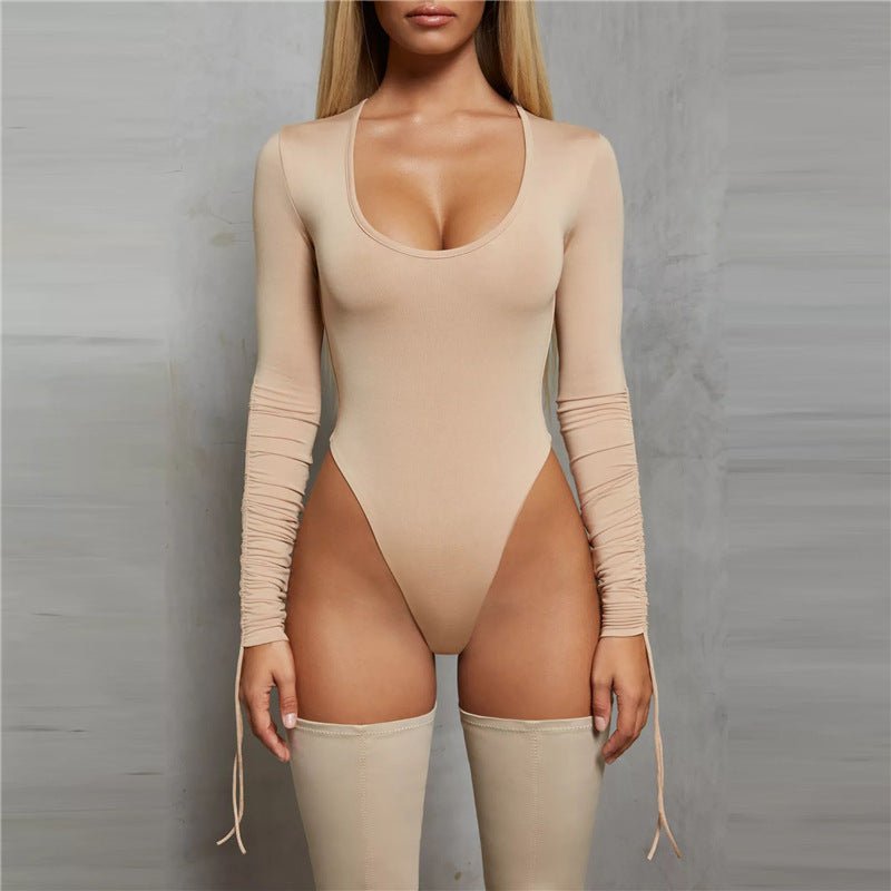 Body à manches longues en couleur unie et sexy - extensible, avec détails de cordon, lavable en machine - parfait pour le printemps et l'automne. - Ivory Deals Market