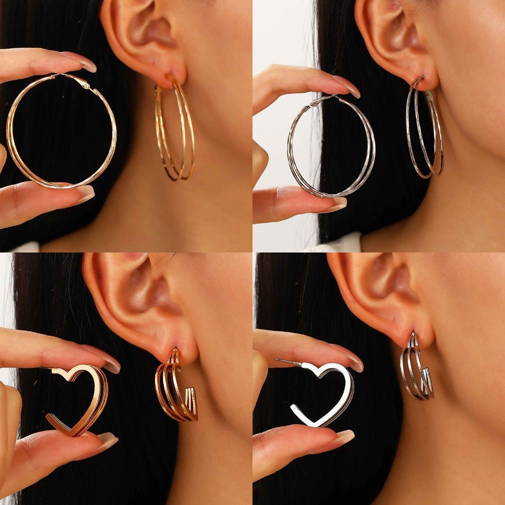 Boucles d'oreilles à trois lignes Love Heart Stud Double couche Cercle Simple pour femmes - Ivory Deals Market