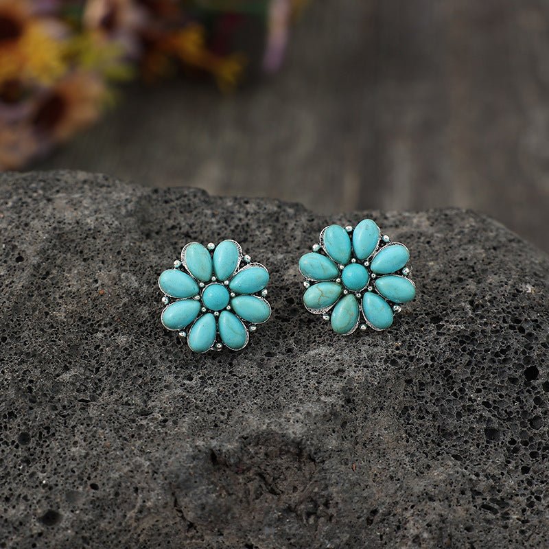 Boucles d'oreilles en argent incrusté turquoise style rétro fleur de bohème - Ivory Deals Market