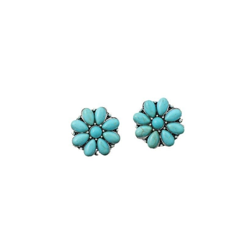 Boucles d'oreilles en argent incrusté turquoise style rétro fleur de bohème - Ivory Deals Market