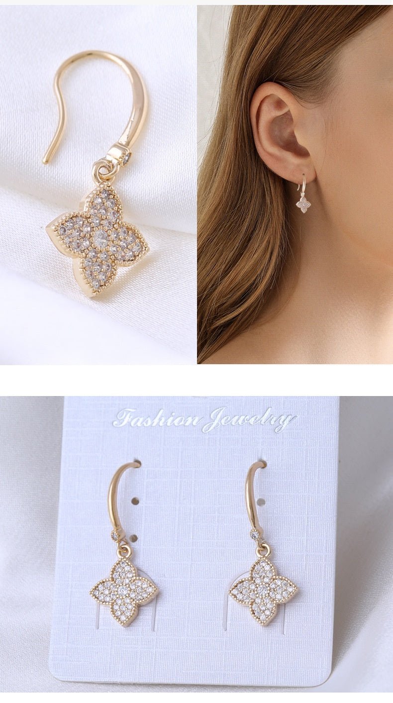 Boucles d'oreilles exquises en forme de trèfle à quatre feuilles, fleurs de zircon brillant assorties à toutes les boucles d'oreilles de luxe léger et de simplicité - Ivory Deals Market