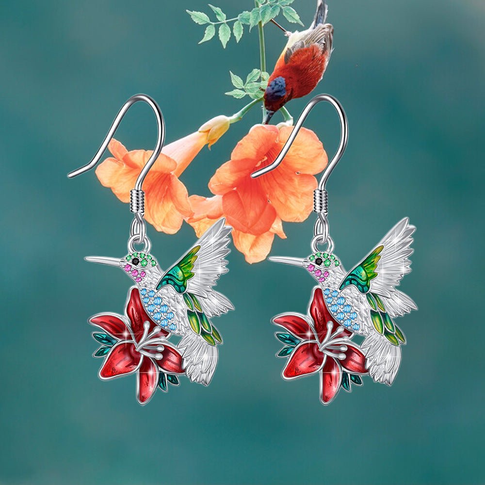 Boucles d'oreilles pendantes en diamant complet colibri coloré - Ivory Deals Market