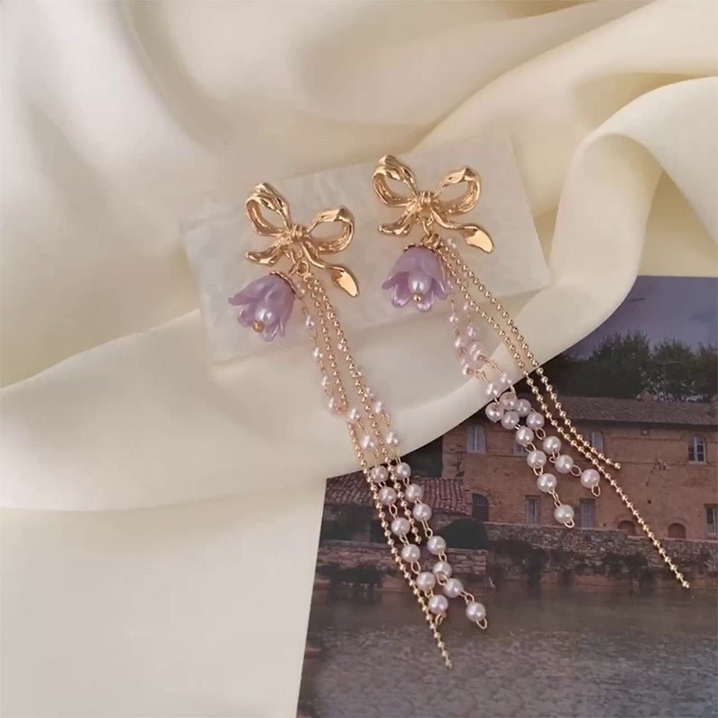 Boucles d'oreilles romantiques Lavande Linglan Perle Tassel Clip d'oreille - Ivory Deals Market