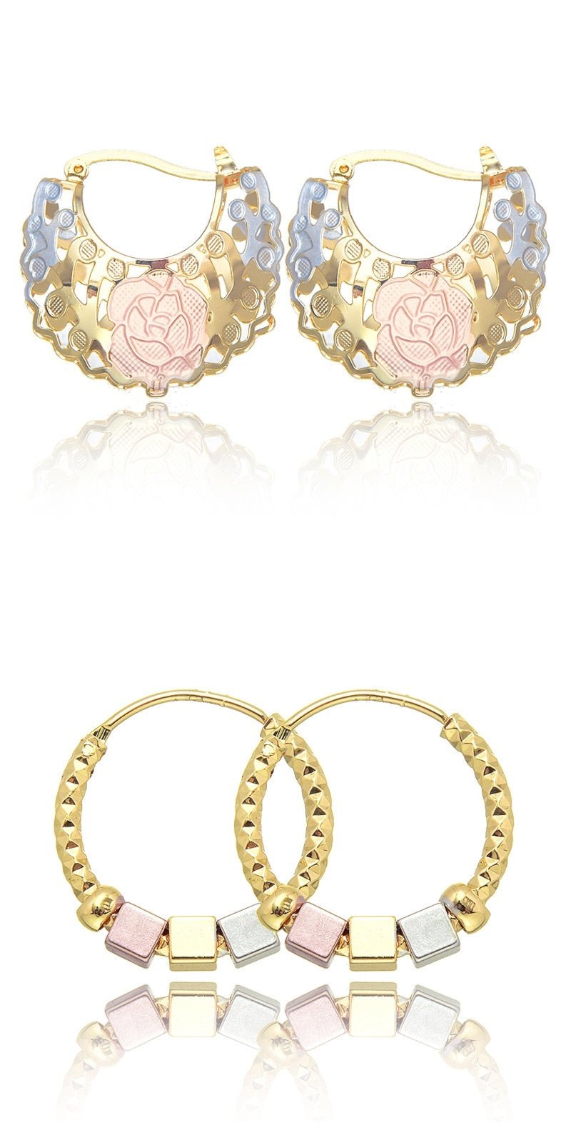 Boucles d'oreilles rosette creux avec cerceaux de contraste en or - Ivory Deals Market