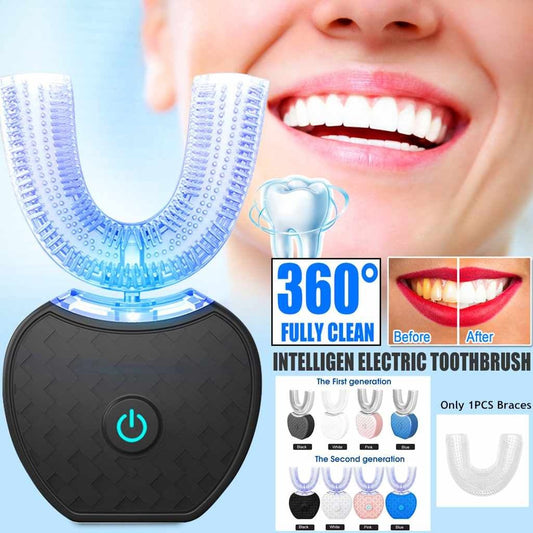 ''Brosse à dents électrique automatique intelligente à 360 degrés, étanche, de type U, avec lumière bleue pour blanchir les dents, rechargeable par USB.'' - Ivory Deals Market