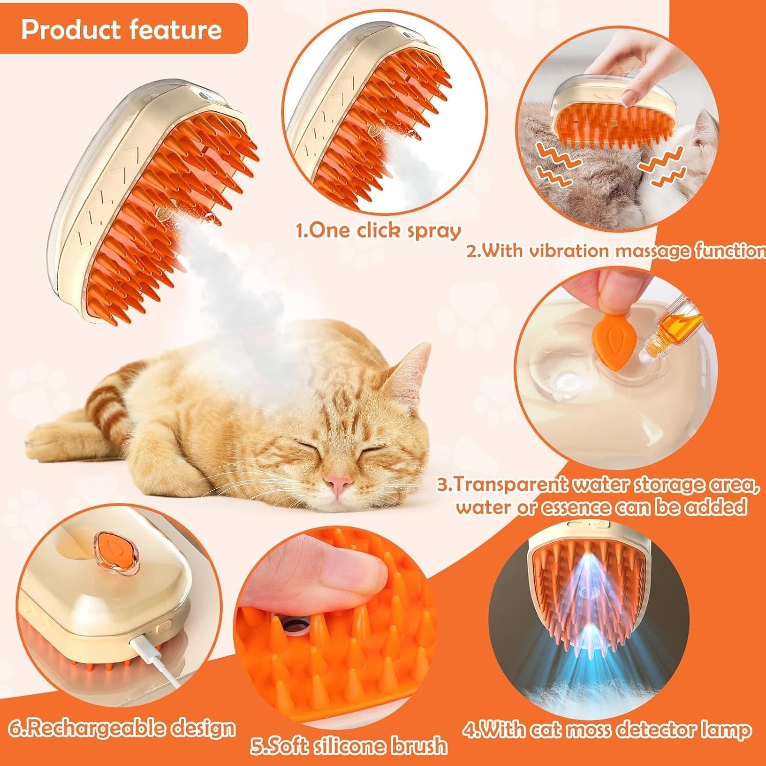 Brosse à vapeur pour chat, brosse à vapeur améliorée 4 en 1 pour chat, brosse à vapeur pour se débarrasser, brosse à vapeur pour le chat, multifonctionnelle, brosse de toilettage pour chat, outil d'épilation avec détecteur de teigne pour chats Chiens - Ivory Deals Market