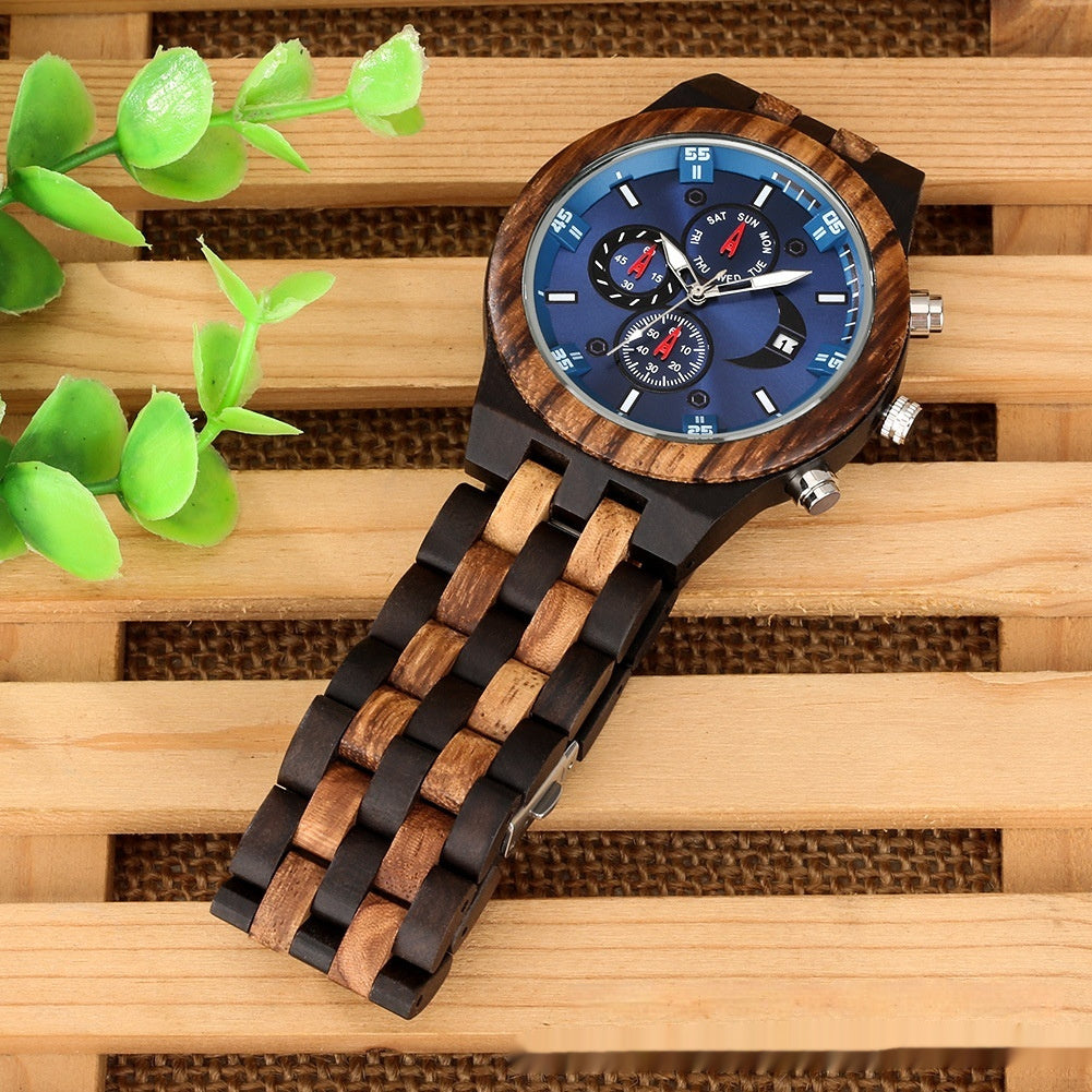 Montre à quartz avec bracelet en bois complet et fonctionnalités multiples.