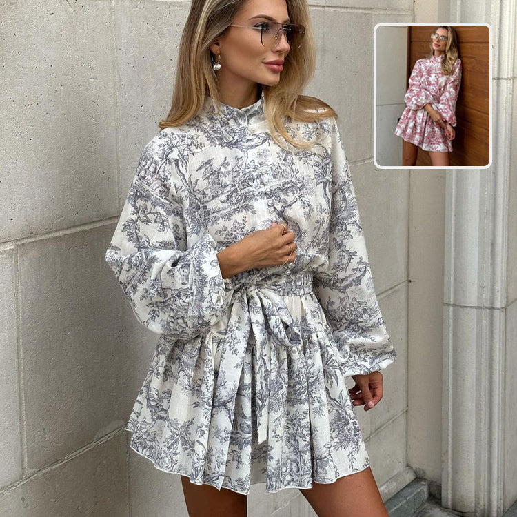 Nouvelle robe à manches longues à encolure en V imprimée de fleurs, avec volants et nœud, style A-ligne Vêtements pour femmes - Ivory Deals Market