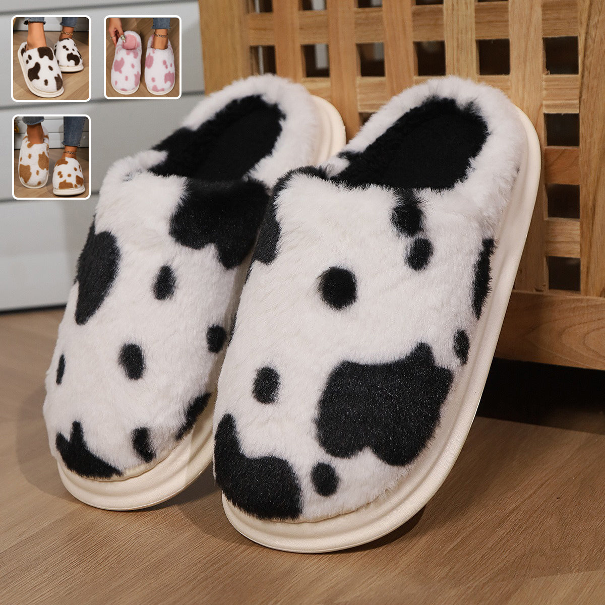 Pantoufles mignonnes en peluche, en forme de vache tachetée | chaussures de maison | antidérapantes | pour la chambre à coucher | chaussures de couple