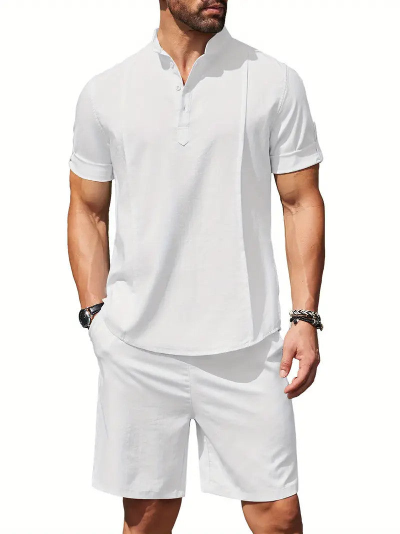 Ensemble en lin pour hommes de 2 pièces, chemise Henley à manches courtes et shorts, tenues assorties pour l'été à la plage et le yoga.