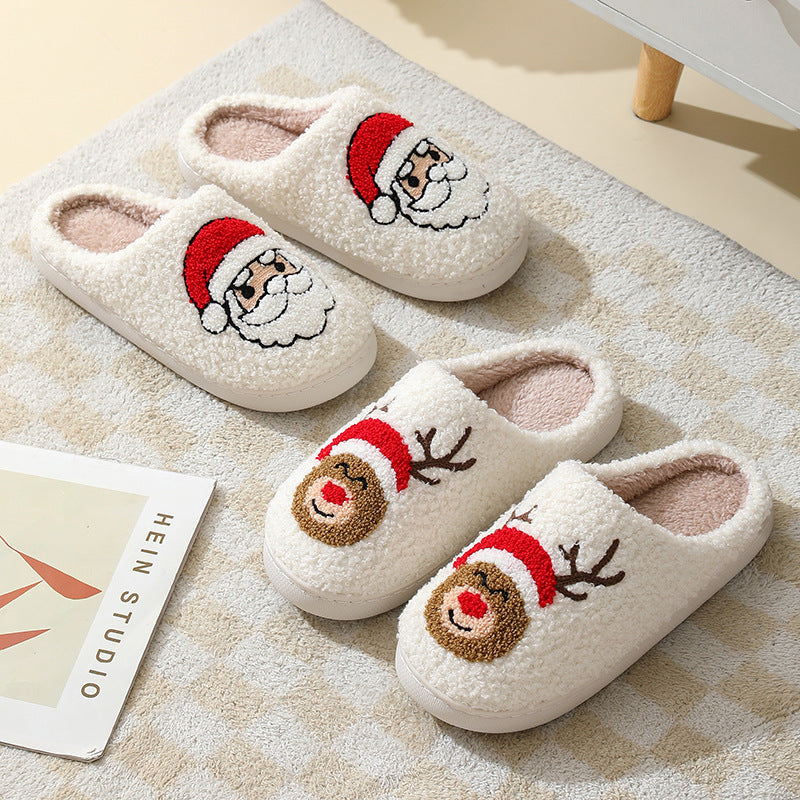 Chaussons de Noël mignons avec dessin animé du Père Noël en coton pour femmes et hommes, idéaux pour l'hiver et les couples.