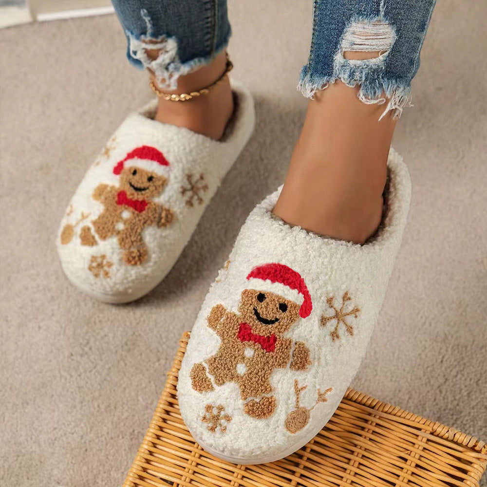 Chaussons d'intérieur en forme de flocon de neige de Noël en pain d'épices, antidérapants pour l'hiver, pour femmes. Chaussures douillettes pour la maison.