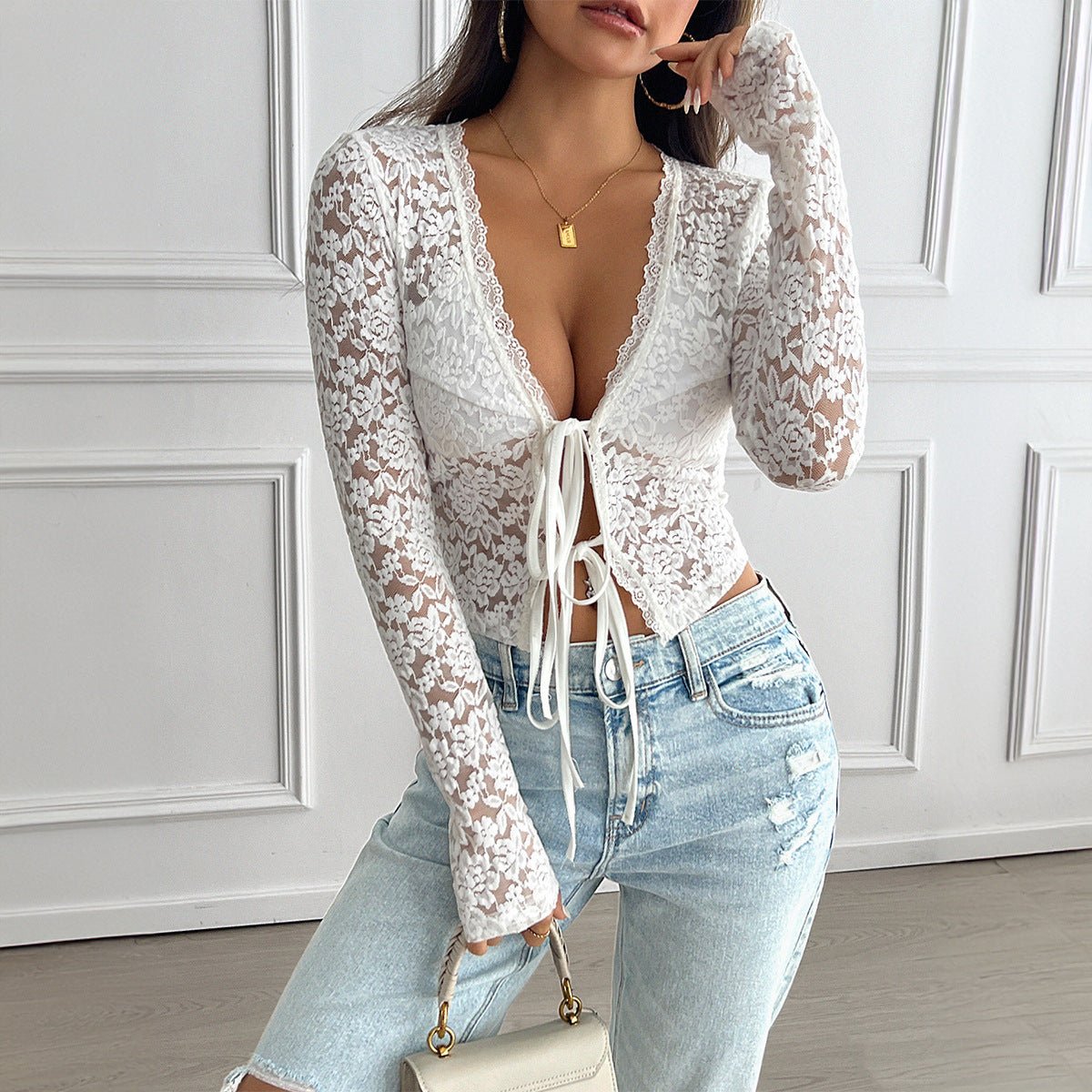 Cardigan à manches longues avec encolure en V et lacets, en dentelle Y2g pour femmes - Ivory Deals Market