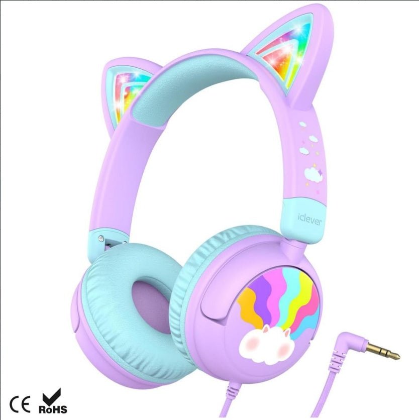 Casque avec oreilles de chat, lumière LED, volume sécurisé, son stéréo, pliable, connexion filaire 3,5 mm, adapté aux tablettes iPad. - Ivory Deals Market