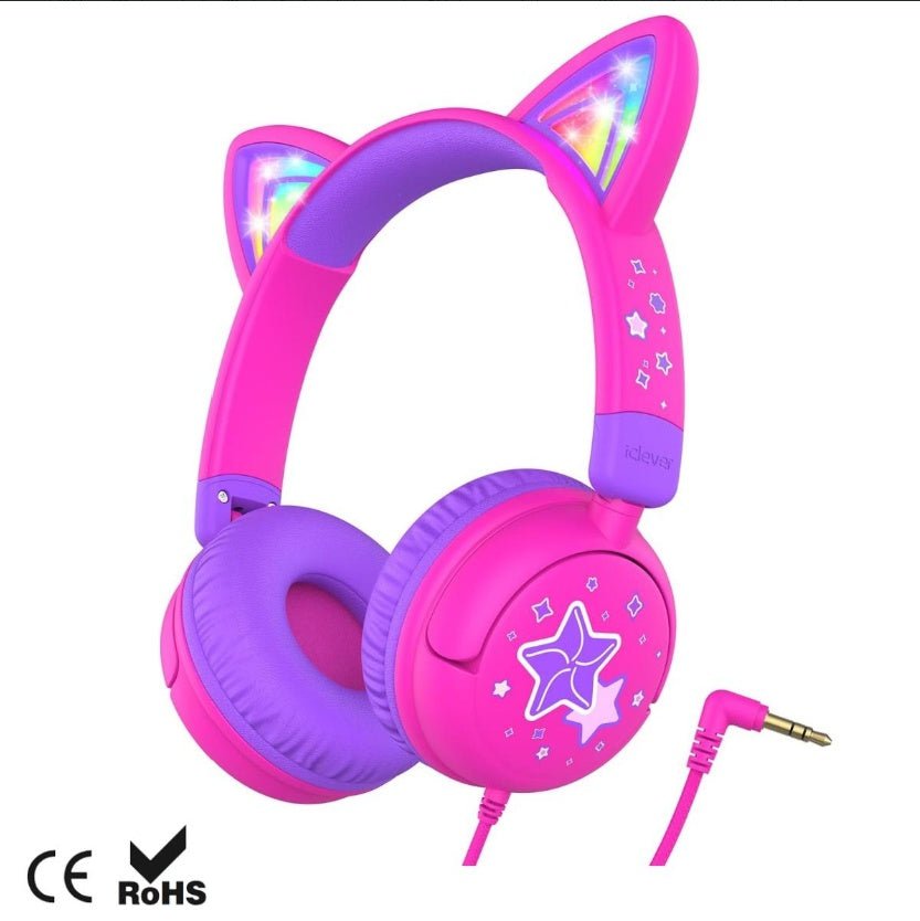 Casque avec oreilles de chat, lumière LED, volume sécurisé, son stéréo, pliable, connexion filaire 3,5 mm, adapté aux tablettes iPad. - Ivory Deals Market