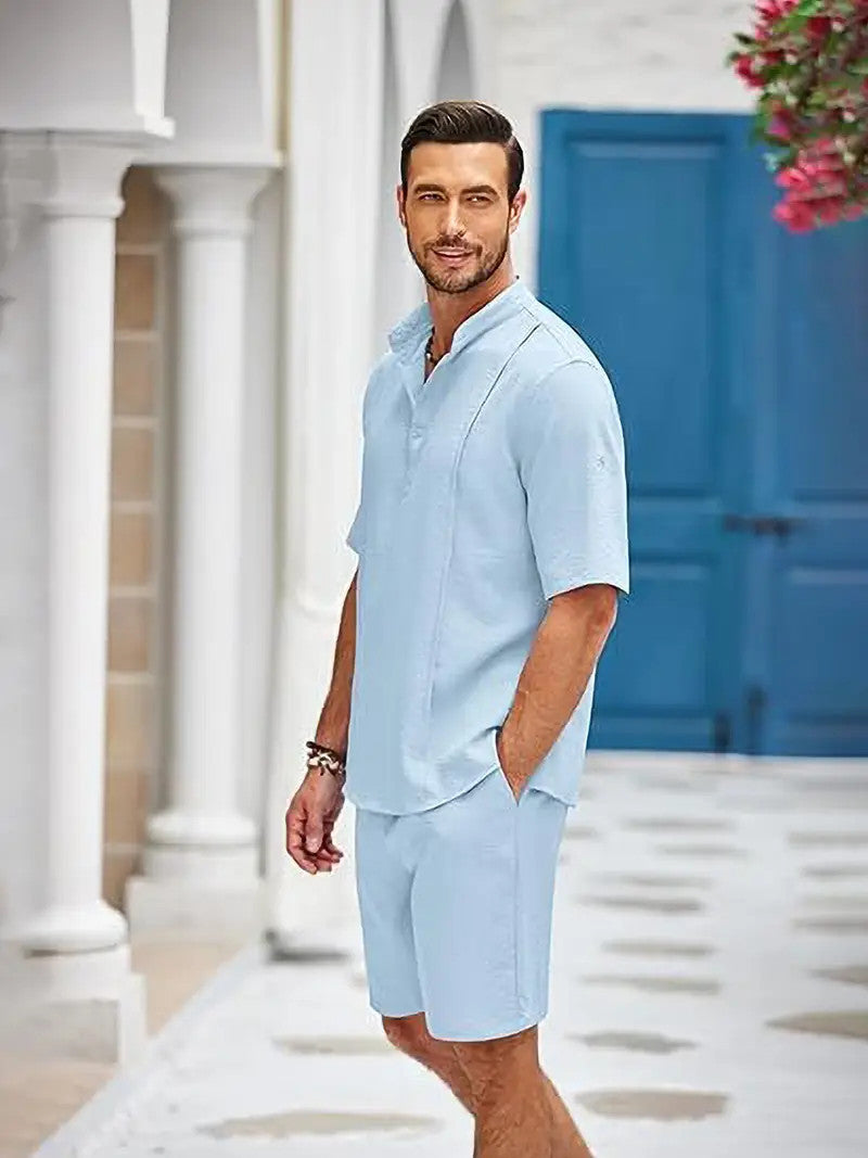 Ensemble en lin pour hommes de 2 pièces, chemise Henley à manches courtes et shorts, tenues assorties pour l'été à la plage et le yoga.