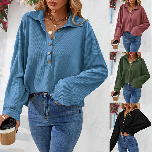 Mode Revers Bouton Sweat-shirt Casual Lâche Couleur Unie À Manches Longues Pull T-shirt Haut Femmes Vêtements