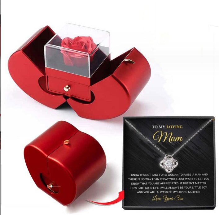 Boîte à bijoux de mode, pomme rouge, cadeau de Noël, collier, rose éternelle pour fille, Fête des Mères, cadeaux de la Saint-Valentin avec une fleur artificielle dans la boîte à bijoux.