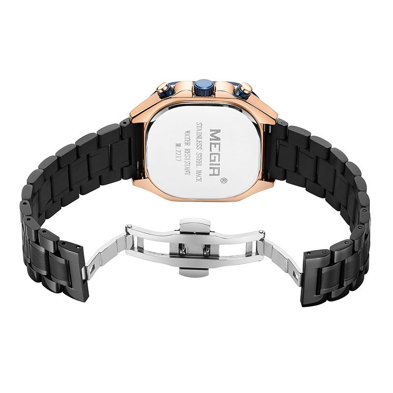 Montre multifonction étanche à bracelet en acier carré pour hommes avec boucle papillon lumineuse