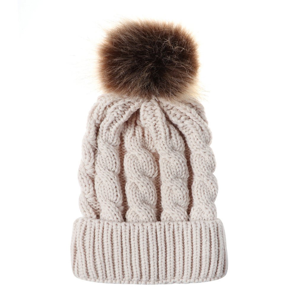 Chapeau en tricot torsadé automne et hiver chapeau chaud femme parent - enfant imitation cheveux boule bonnet laine - Ivory Deals Market