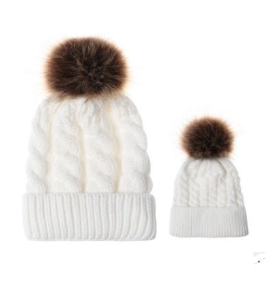 Chapeau en tricot torsadé automne et hiver chapeau chaud femme parent - enfant imitation cheveux boule bonnet laine - Ivory Deals Market