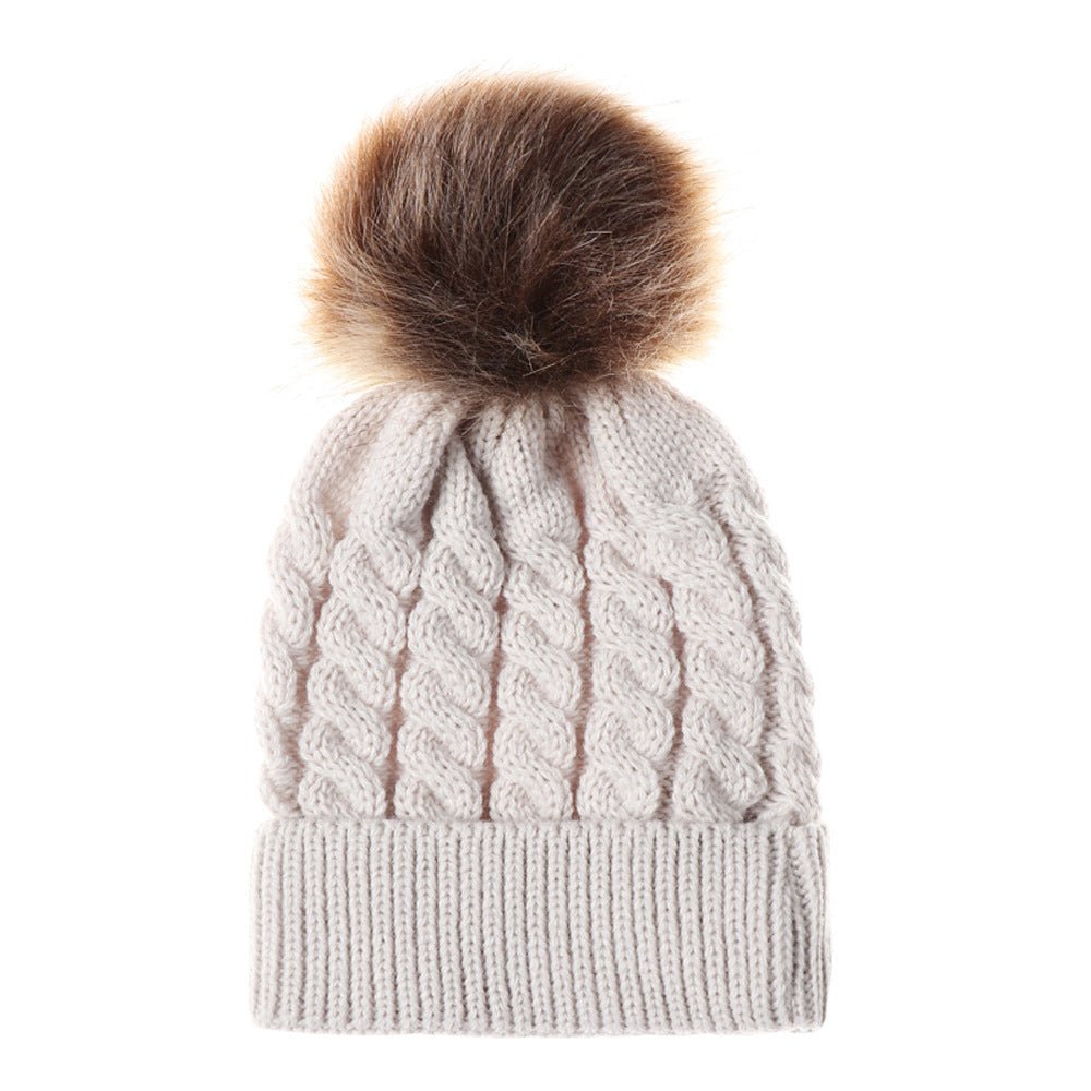 Chapeau en tricot torsadé automne et hiver chapeau chaud femme parent - enfant imitation cheveux boule bonnet laine - Ivory Deals Market