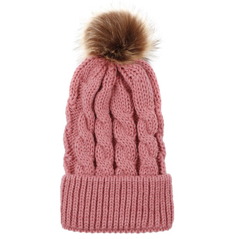 Chapeau en tricot torsadé automne et hiver chapeau chaud femme parent - enfant imitation cheveux boule bonnet laine - Ivory Deals Market