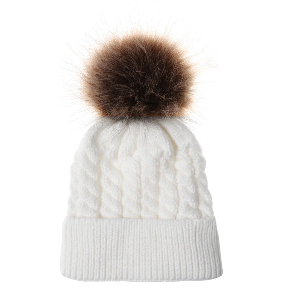 Chapeau en tricot torsadé automne et hiver chapeau chaud femme parent - enfant imitation cheveux boule bonnet laine - Ivory Deals Market