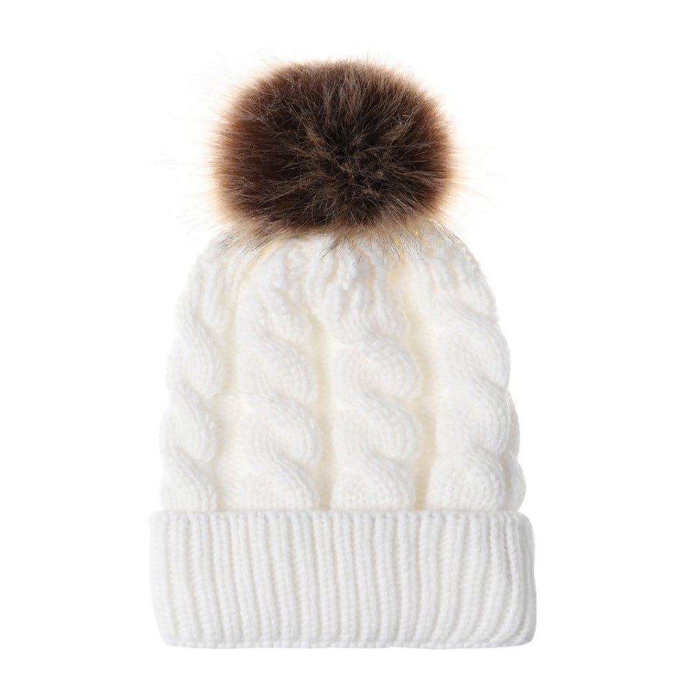 Chapeau en tricot torsadé automne et hiver chapeau chaud femme parent - enfant imitation cheveux boule bonnet laine - Ivory Deals Market