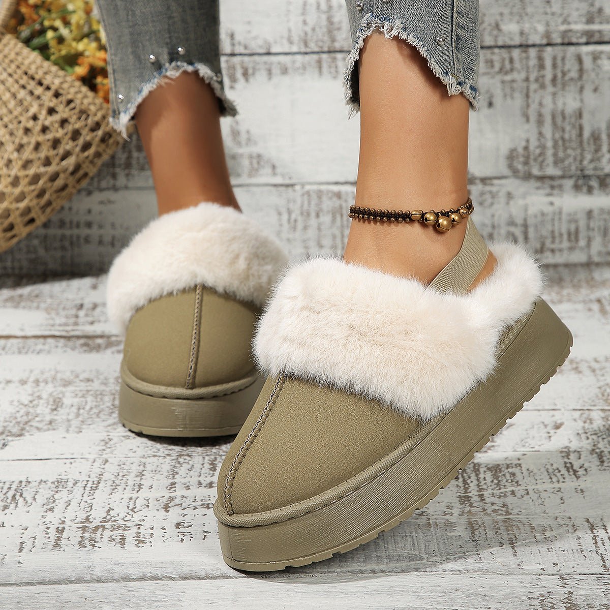 Chaussons d'hiver en peluche pour la maison avec un design à bande élastique au talon, style décontracté, bout rond, chaussures plates pour femmes. - Ivory Deals Market