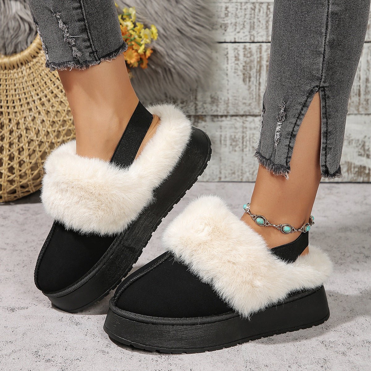 Chaussons d'hiver en peluche pour la maison avec un design à bande élastique au talon, style décontracté, bout rond, chaussures plates pour femmes. - Ivory Deals Market