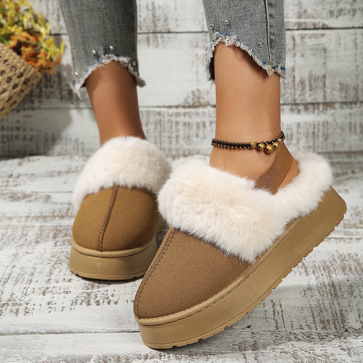 Chaussons d'hiver en peluche pour la maison avec un design à bande élastique au talon, style décontracté, bout rond, chaussures plates pour femmes. - Ivory Deals Market