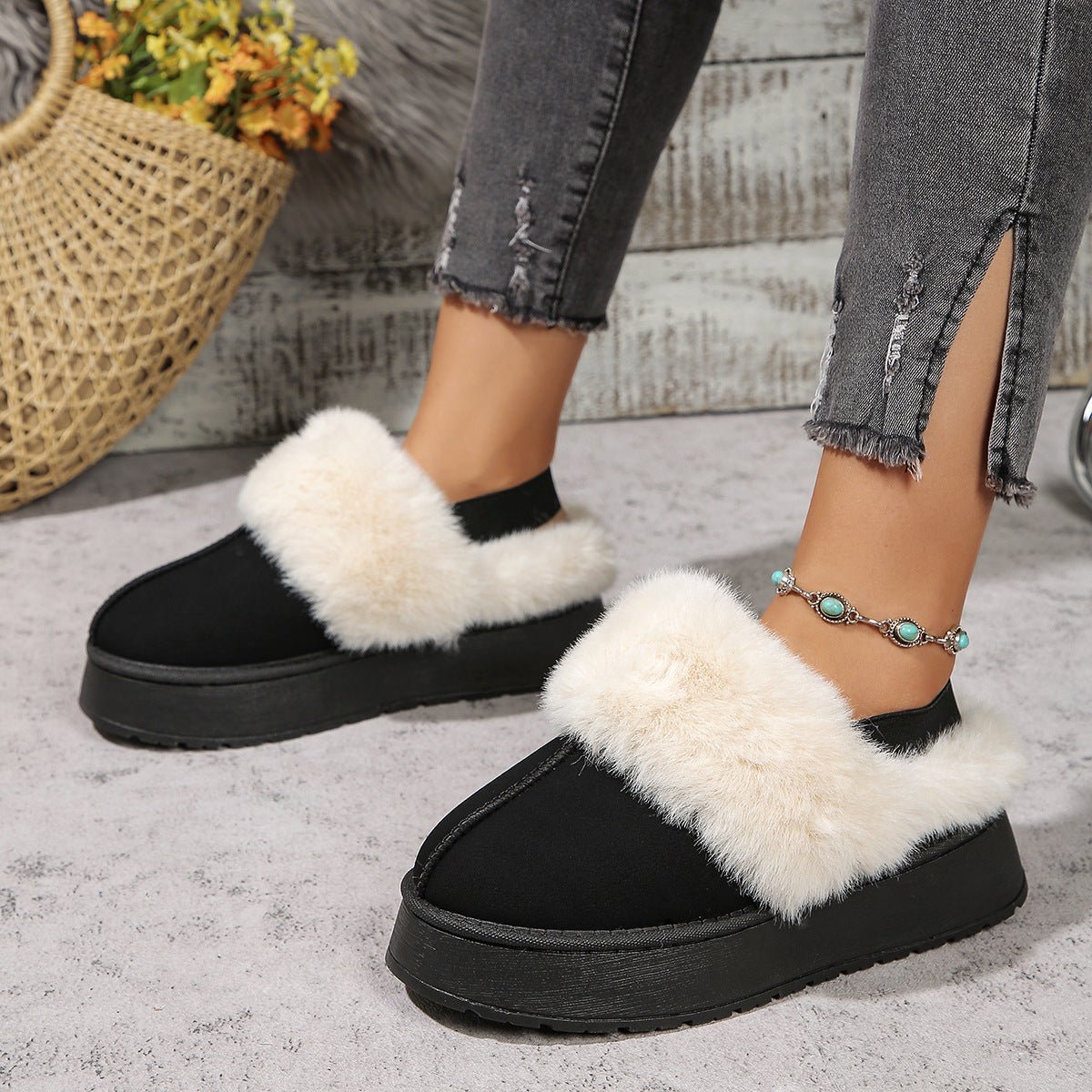 Chaussons d'hiver en peluche pour la maison avec un design à bande élastique au talon, style décontracté, bout rond, chaussures plates pour femmes. - Ivory Deals Market