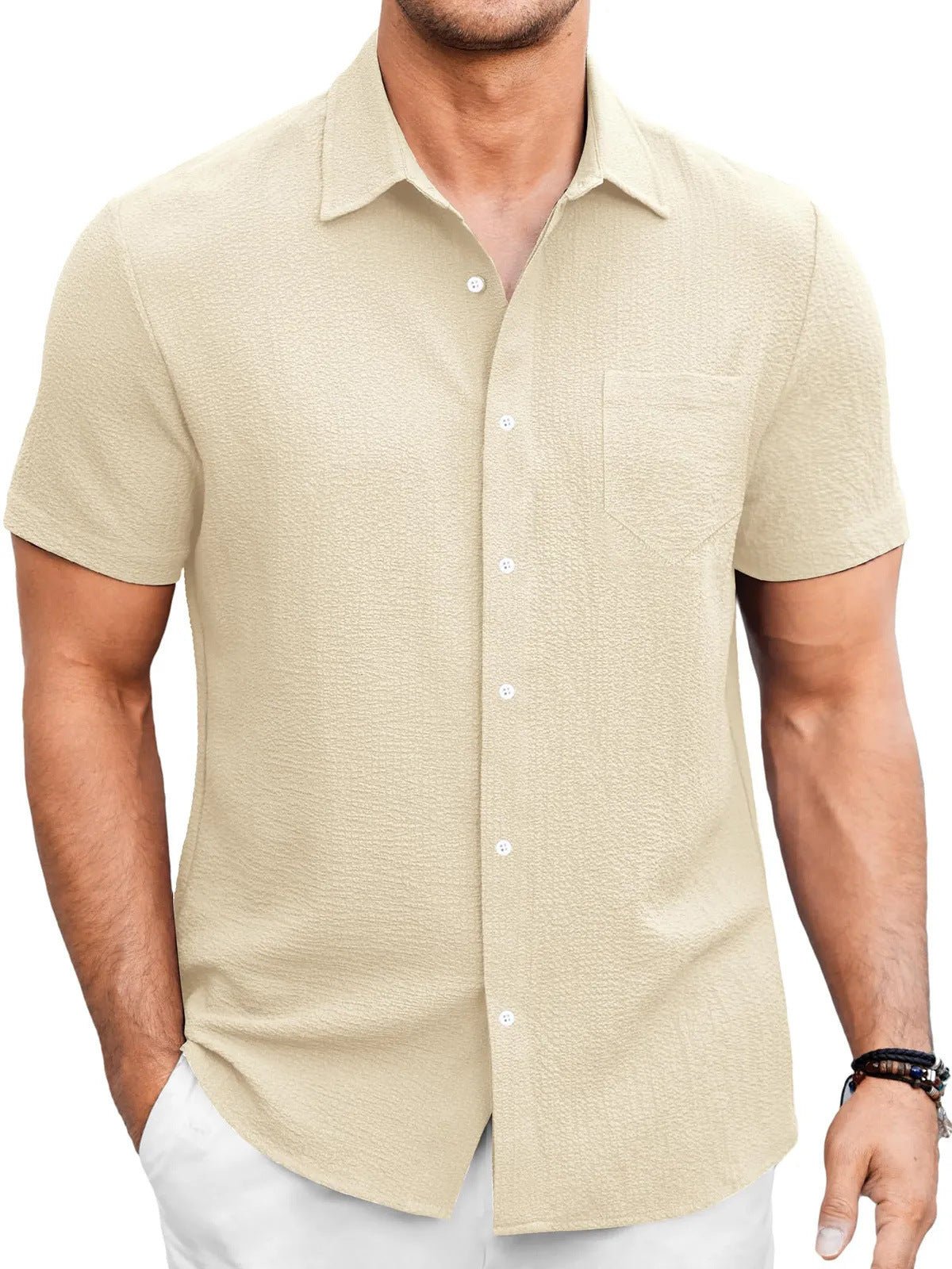 Chemise d'été en couleur unie pour hommes, simple et confortable, à manches courtes - Ivory Deals Market