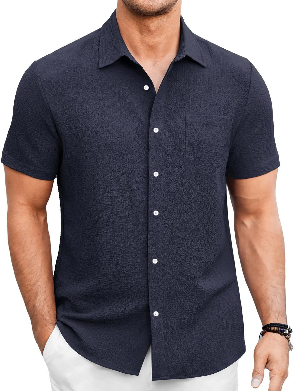 Chemise d'été en couleur unie pour hommes, simple et confortable, à manches courtes - Ivory Deals Market