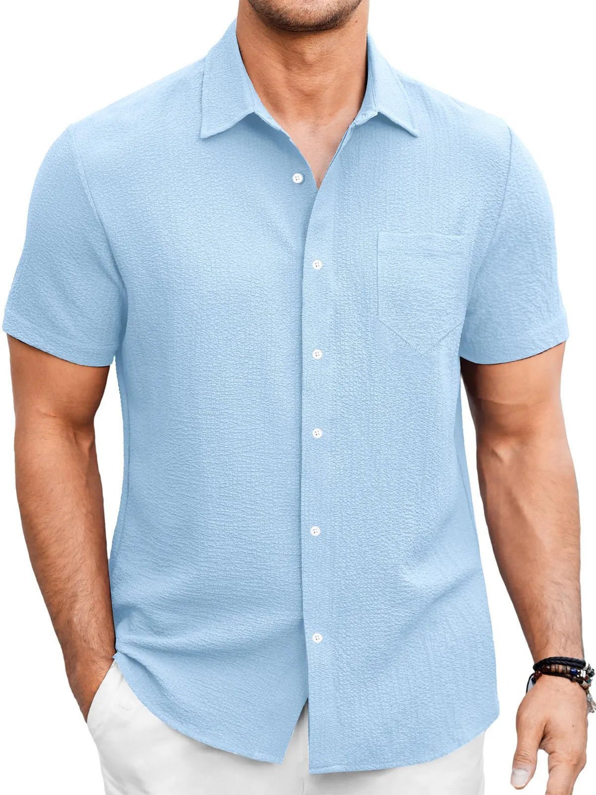 Chemise d'été en couleur unie pour hommes, simple et confortable, à manches courtes - Ivory Deals Market