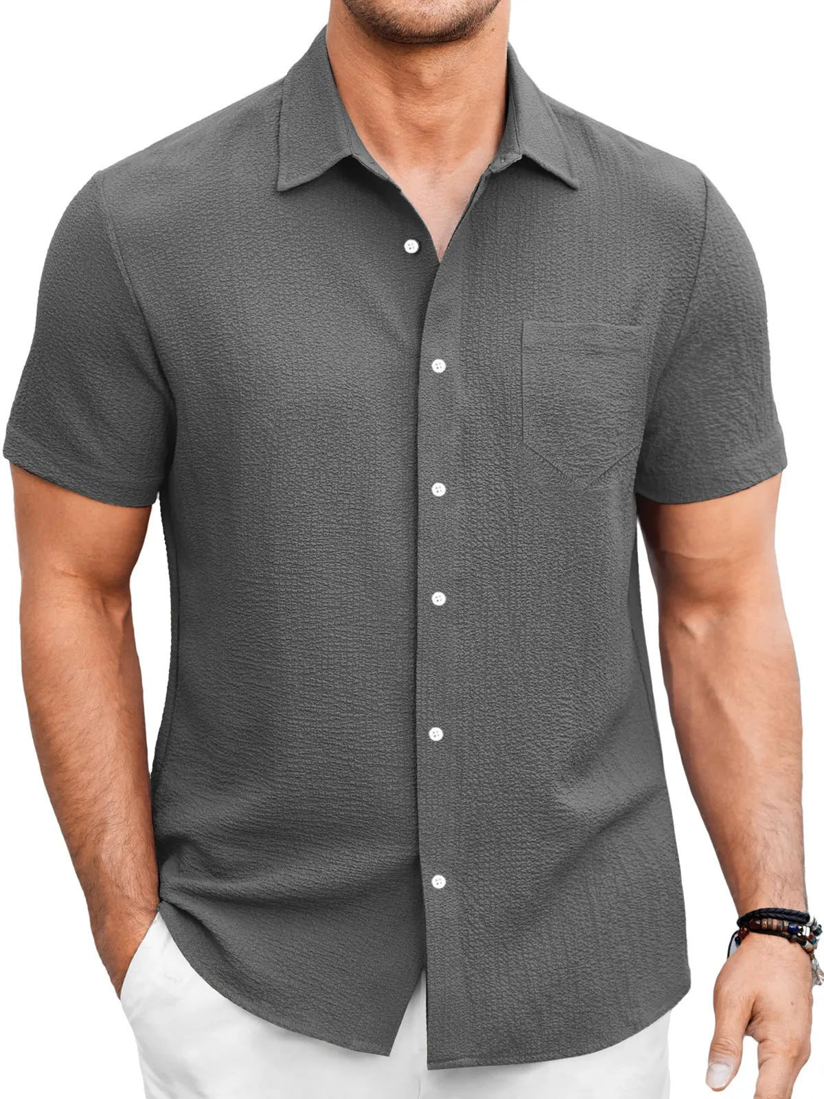 Chemise d'été en couleur unie pour hommes, simple et confortable, à manches courtes - Ivory Deals Market